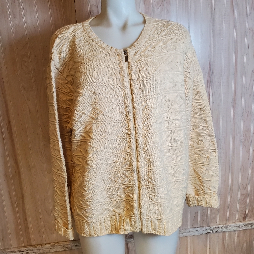 Talbots Cream Knit Fisherman Zip Cable Knit  Sweater Size XL Cotton Grannycore
